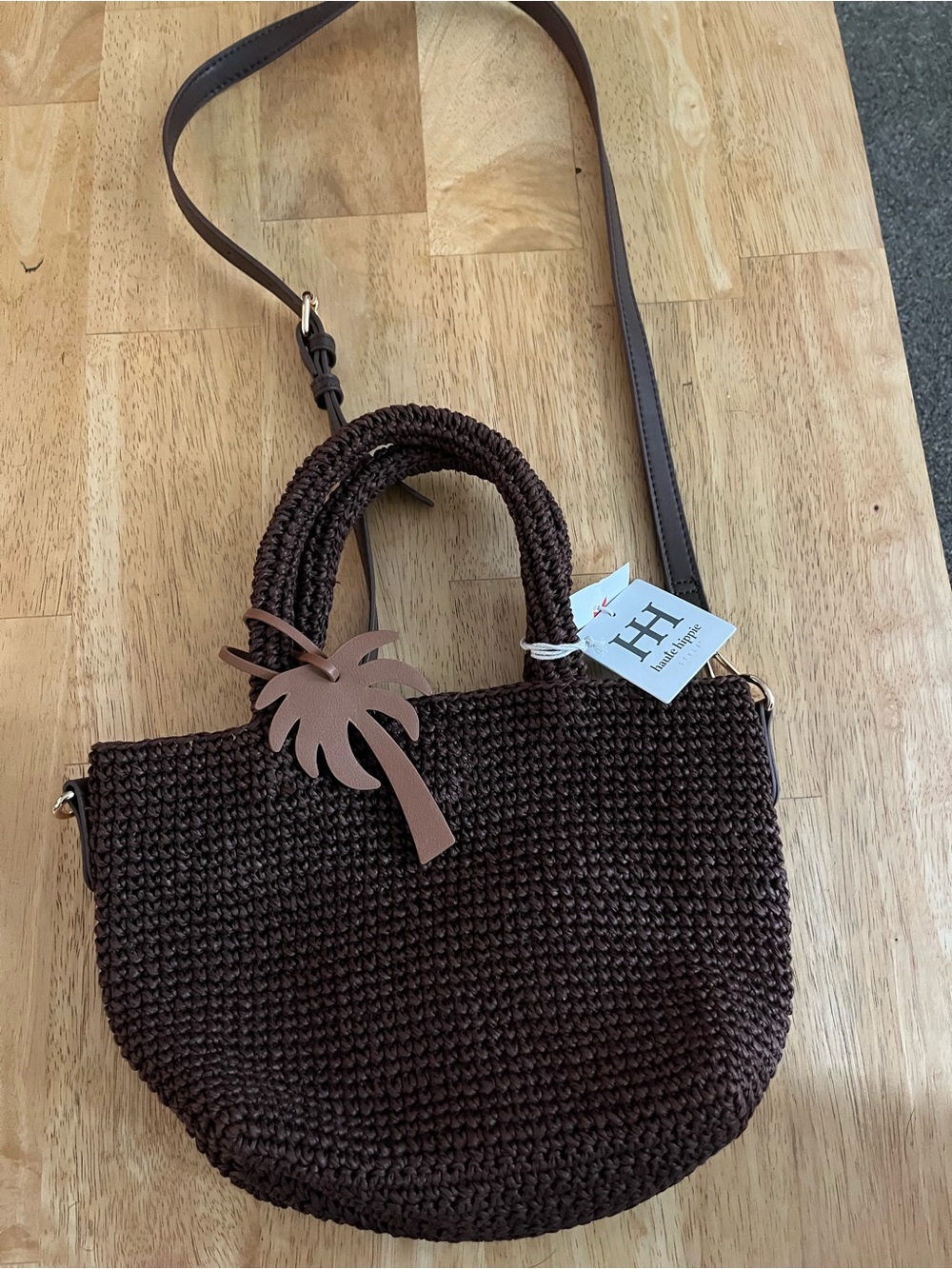 Haute Hippie Dark Brown Woven Crossbody Bag with Palm Charm brand new with tags